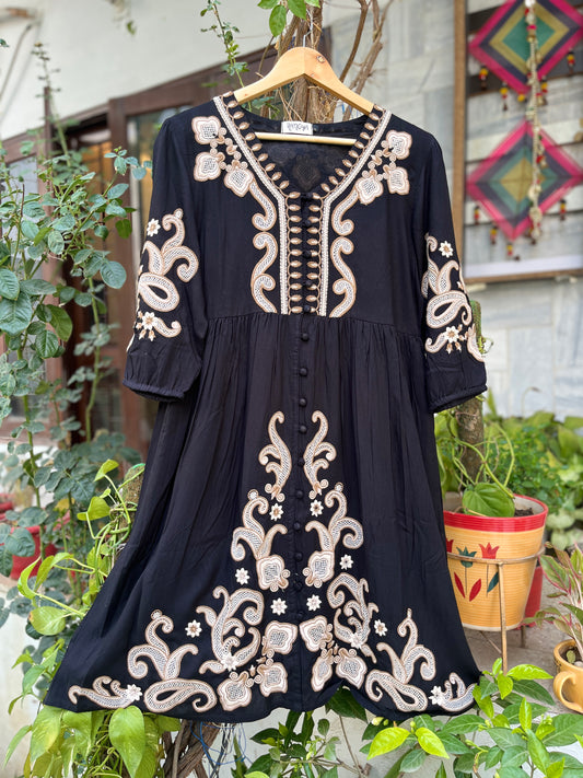 Black Rayon Midi Dress with Intricate Embroidery