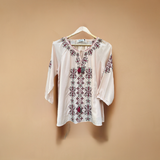 Bisque Rayon Silk Embroidered Top